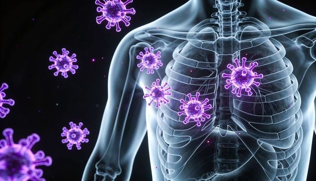 Transparent thorax showing viral particles attacking lungs, x-ray skeleton medical concept