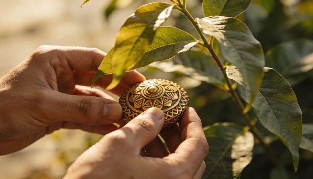 Closeup of hands holding ornate brass medallion in sunlit garden with green leaves