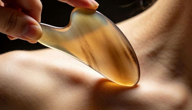 Glowing amber gua sha pressing over collarbone closeup for spa skincare wellness