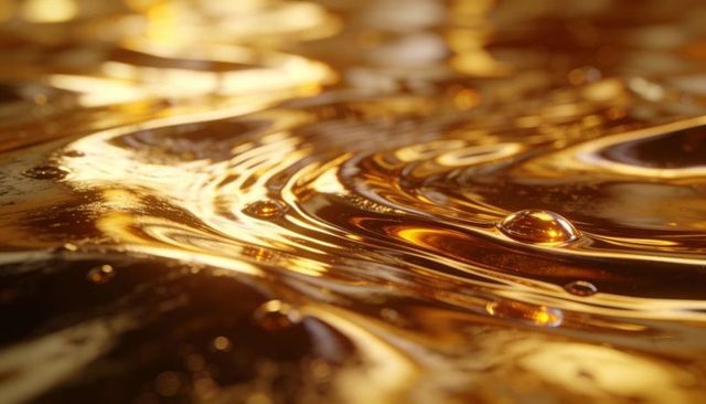 Glowing amber liquid forming ripples and droplets with glossy reflections and warm bokeh