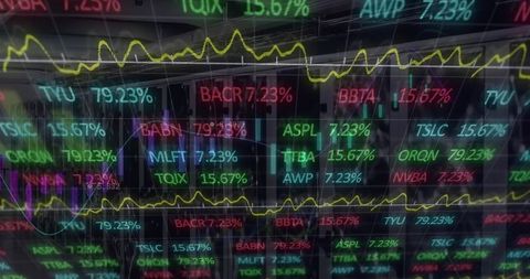 Digital data flow with stock market numbers and graphs