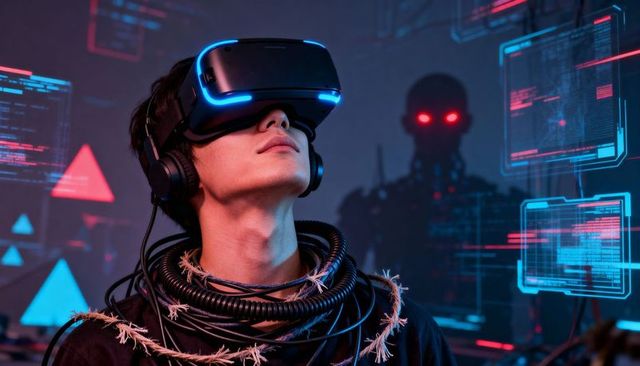 Asian man wearing vr headset amid cyberpunk neon holograms, coiled cables and robot shadow