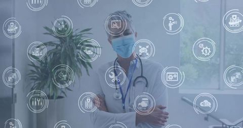 Doctor Wearing Mask in Clinical Setting with Digital Healthcare Icons
