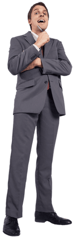 Thoughtful Businessman in Gray Suit Holding Pen on Transparent Background
