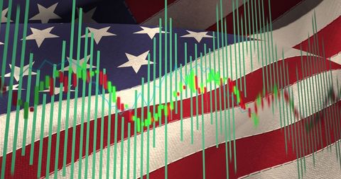American Flag with Financial Data Overlay Symbolizing USA Economy