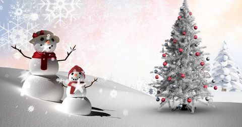 Festive Snowmen Facing Decorated Christmas Tree in Winter Wonderland - Download Free Stock Images Pikwizard.com