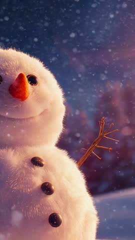 Snowman Gazing While Snowfall Intensifying in Twilight Forest Vertical Holiday Video Clip