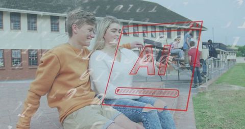 Teen pair sitting on school courtyard sharing smartphone with ai overlay