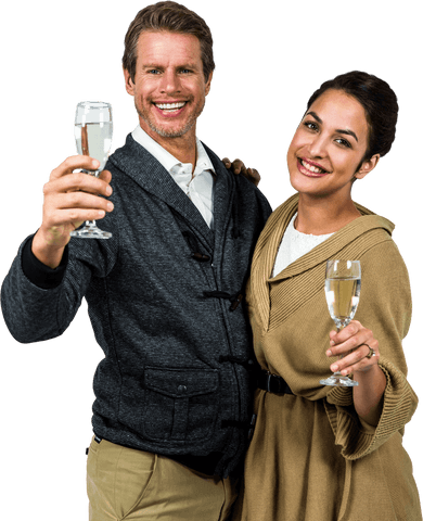 Joyful Couple Toasting with Wine Glasses on Transparent Background
