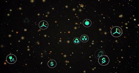 Cosmic teal energy icon constellation displaying wind turbine, recycling, hazard, finance
