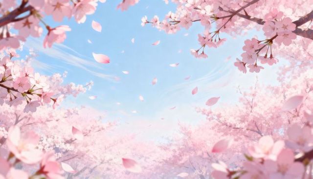 Cherry blossom canopy blooming over clear blue sky, soft pink petals drifting in spring breeze