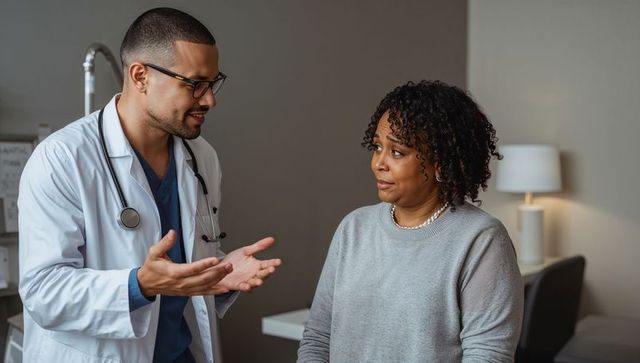Doctor explaining treatment options to concerned patient during clinic consultation visit