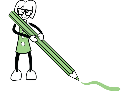 Female cartoon holding transparent green pencil