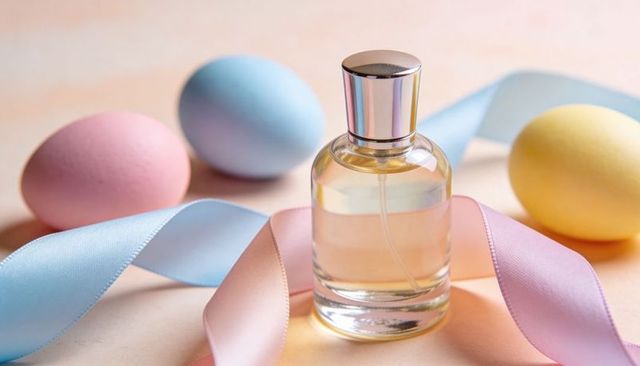 Clear perfume bottle with pastel satin ribbons and easter eggs on soft peach background