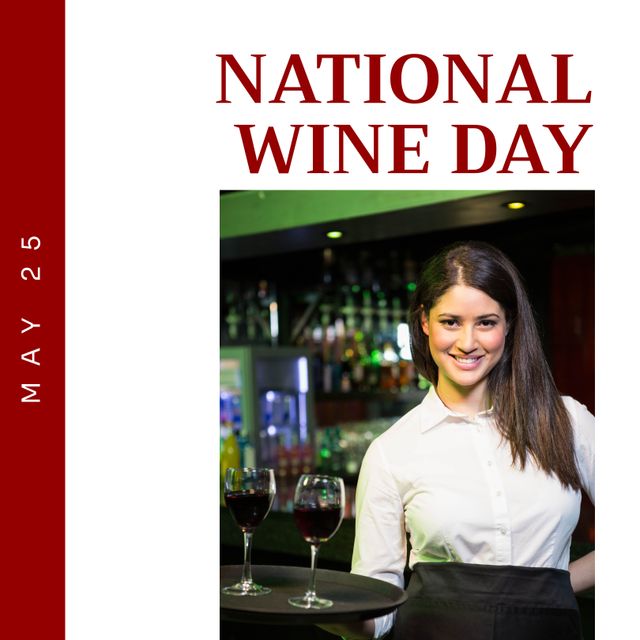 Caucasian female bartender smiling with wine glasses on a tray. Suitable for promoting National Wine Day celebrations, bar events, or hospitality industry marketing materials. Good for social media posts, online advertisements, and event invitations.