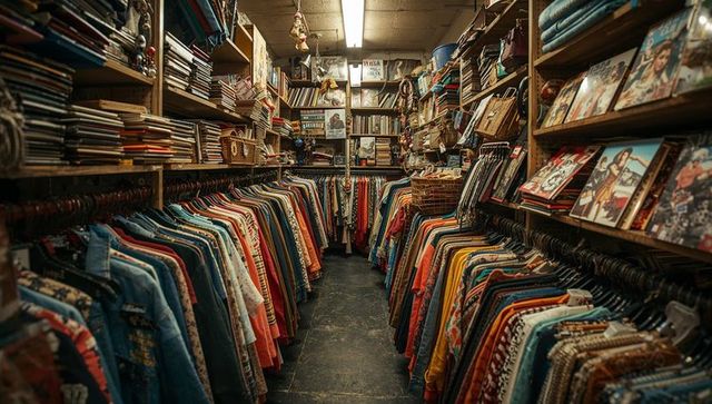 Guiding aisle in vintage thrift shop filled with colorful retro clothing and vinyl records