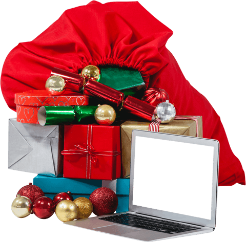 Christmas Gifts with Laptop on Transparent Background