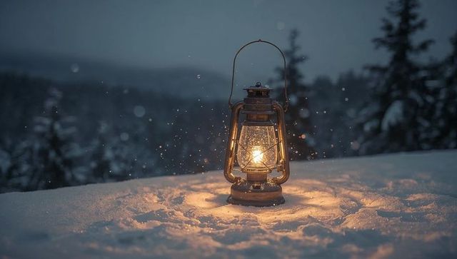 Vintage oil lantern glowing on packed snow at dusk casting warm amber light