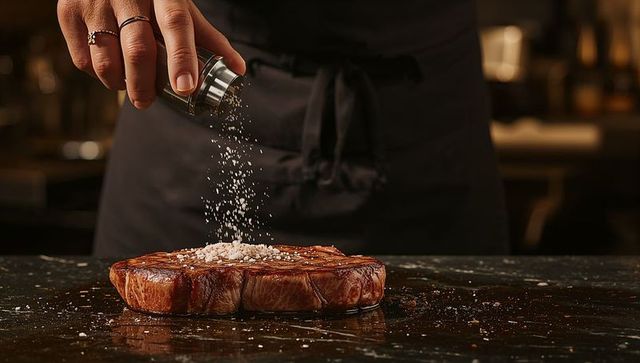 Chef Seasoning Steak with Salt on Kitchen Countertop