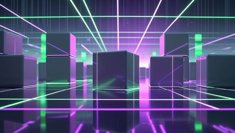 Futuristic Dark Cube in Neon Grid Space with Glowing Lights