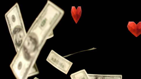 Falling Money and Heart Shapes on Black Background