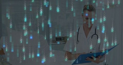 Nurse reviewing medical charts with digital binary overlay