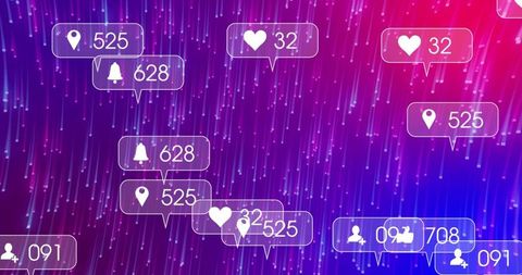 Neon social media notification bubbles over magenta blue gradient with data streaks