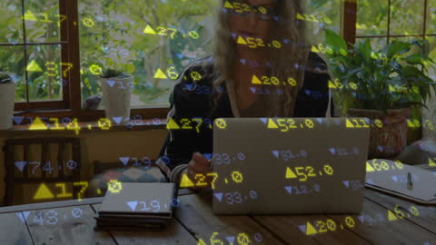 Businesswoman Analyzing Data on Laptop with Digital Overlays