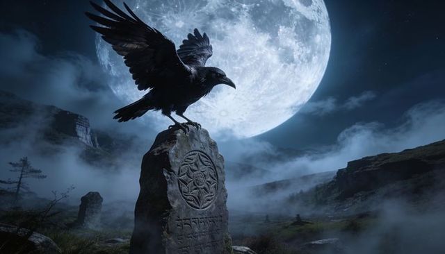 Raven perching and spreading wings on carved stone under full moon on foggy moor