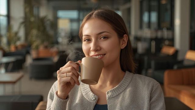 Young woman smiling while sipping coffee in sunlit modern cafe, cozy knit cardigan