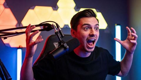 Streamer reacting to donation ping, shouting into mic in rgb gaming studio with hex leds