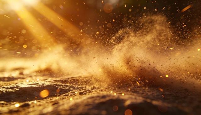 Bursting golden sand plume scattering light at golden hour with sun flare and bokeh