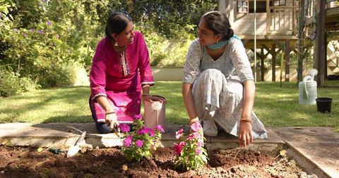 Mother and Daughter Bonding Through Gardening in Backyard