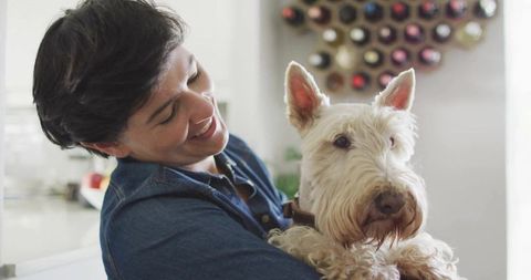 Smiling Woman Embracing Terrier Dog in Modern Kitchen
