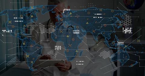 Doctor Analyzing Global Medical Data on Tablet with Digital Interface