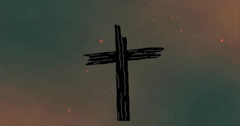 Rough brush cross on moody teal rust gradient with abstract speckles