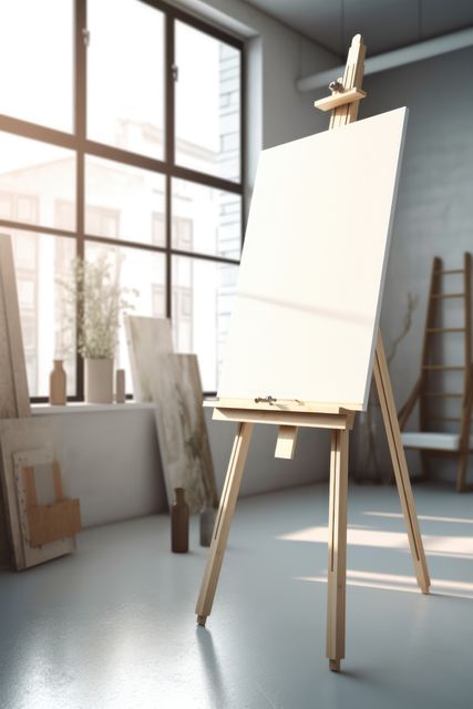 Empty easel with blank canvas standing in modern art studio with large windows letting in sunlight. Various art supplies and tools are scattered around the room. Ideal for illustrating creative environments, art studios, artistic inspiration, and modern workspaces. Can be used in articles about the creative process, painting tips, or setting up an art studio.