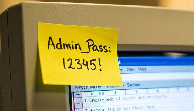 Sticky note showing admin password on monitor emphasizing office cybersecurity risk