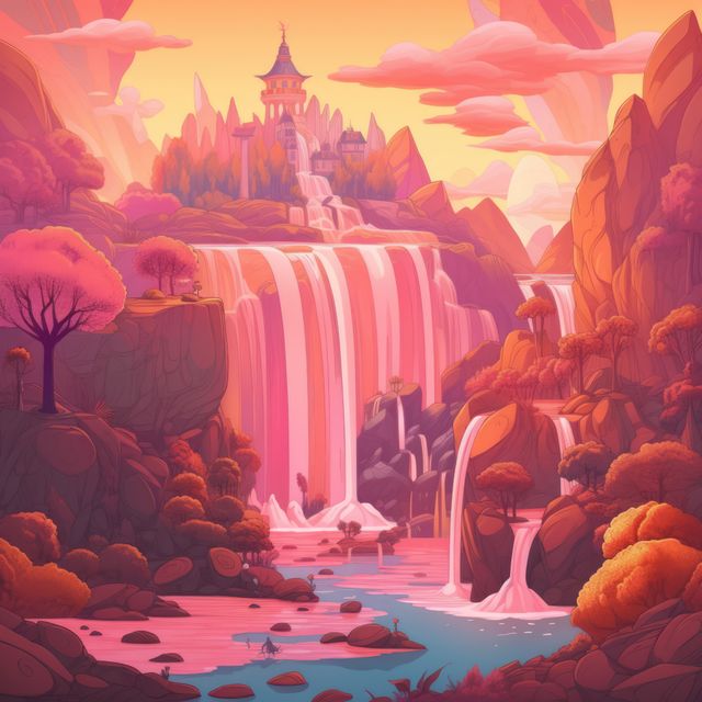 Fantasy landscape with waterfalls, castle and mountains created using generative ai technology. Fantasy, imagination and colour concept digitally generated image.