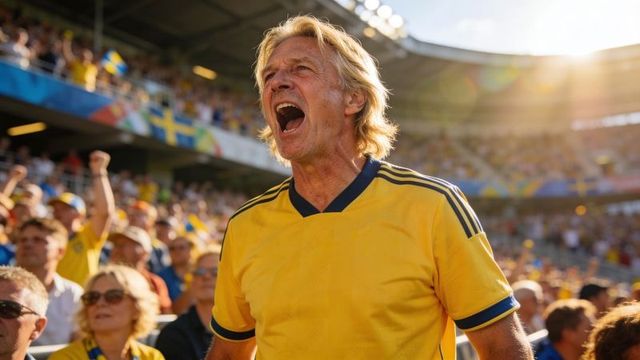 Passionate senior fan shouting and cheering in sunlit stadium wearing yellow jersey