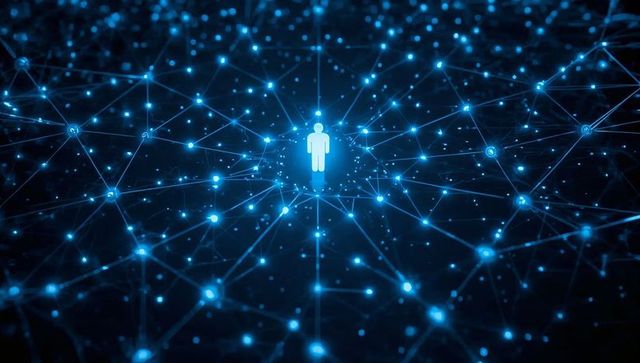 Central avatar connecting within glowing digital network mesh for ai, data visualization