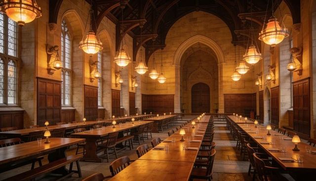 Gothic great hall evoking medieval dining atmosphere with long tables and chandeliers