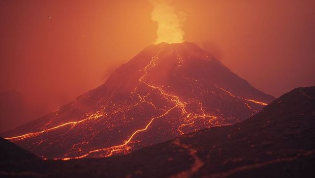 Magnificent volcanic eruption with glowing lava at night