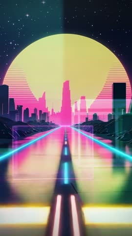 Vertical Neon Highway Leading Toward Futuristic Skyline under Giant Sun — Cyberpunk Vertical Video