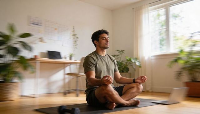 Young man meditating on yoga mat in bright home office with laptop, dumbbell, plants