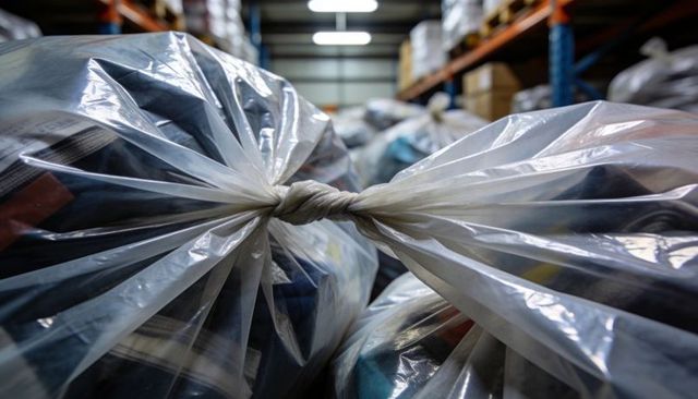 Knotted clear plastic wrap bundling textile parcels in warehouse aisle with pallets