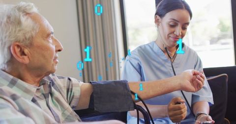 Home nurse checking blood pressure for senior with digital health data overlay