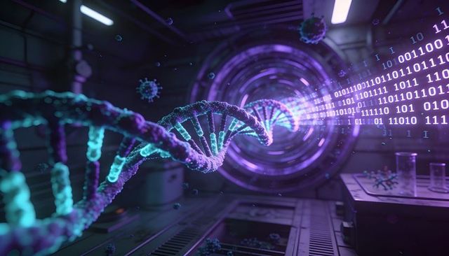 Futuristic neon dna data tunnel with floating double helix, binary stream, ai lab