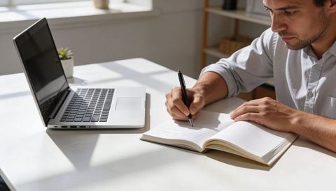 Man writing in notebook at sunlit minimalist home desk with laptop for productive work