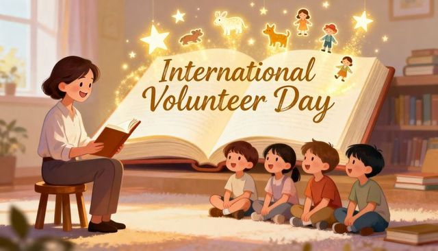 Teacher reading story to children for international volunteer day